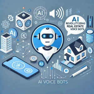 Featured image for a blog post titled 'Revolutionizing Real Estate with AI Voice Bots,' featuring icons of a robot with a headset, a speech bubble, and a house.